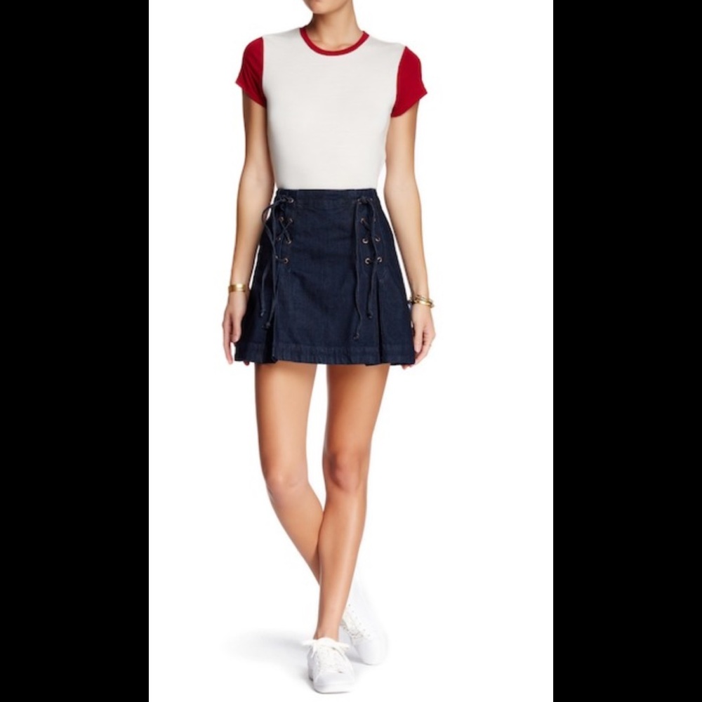 Free People lace up front denim a line skirt
